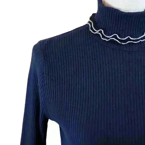 J.Crew Navy Blue Lettuce Edge Ribbed Long Sleeve Turtleneck Size Small - Picture 7 of 9